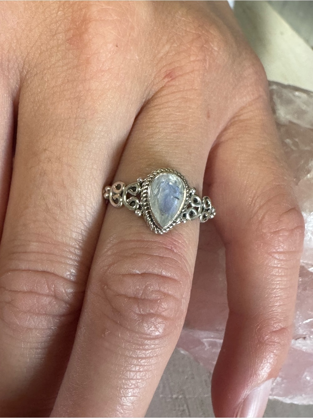 Moonstone Teardrop Sterling Silver Gemstone Ring - Size 6